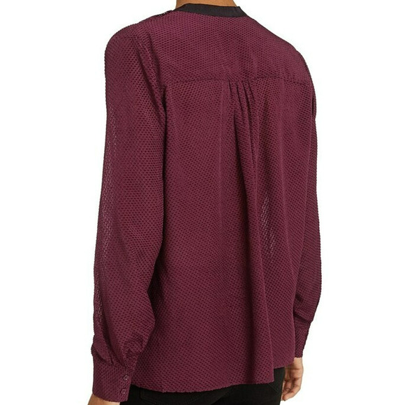 Reiss Swiss Dot Ruffle V-Neck Top Size 6 Berry Silk Blend Tie Neck Long Sleeves - Picture 6 of 9